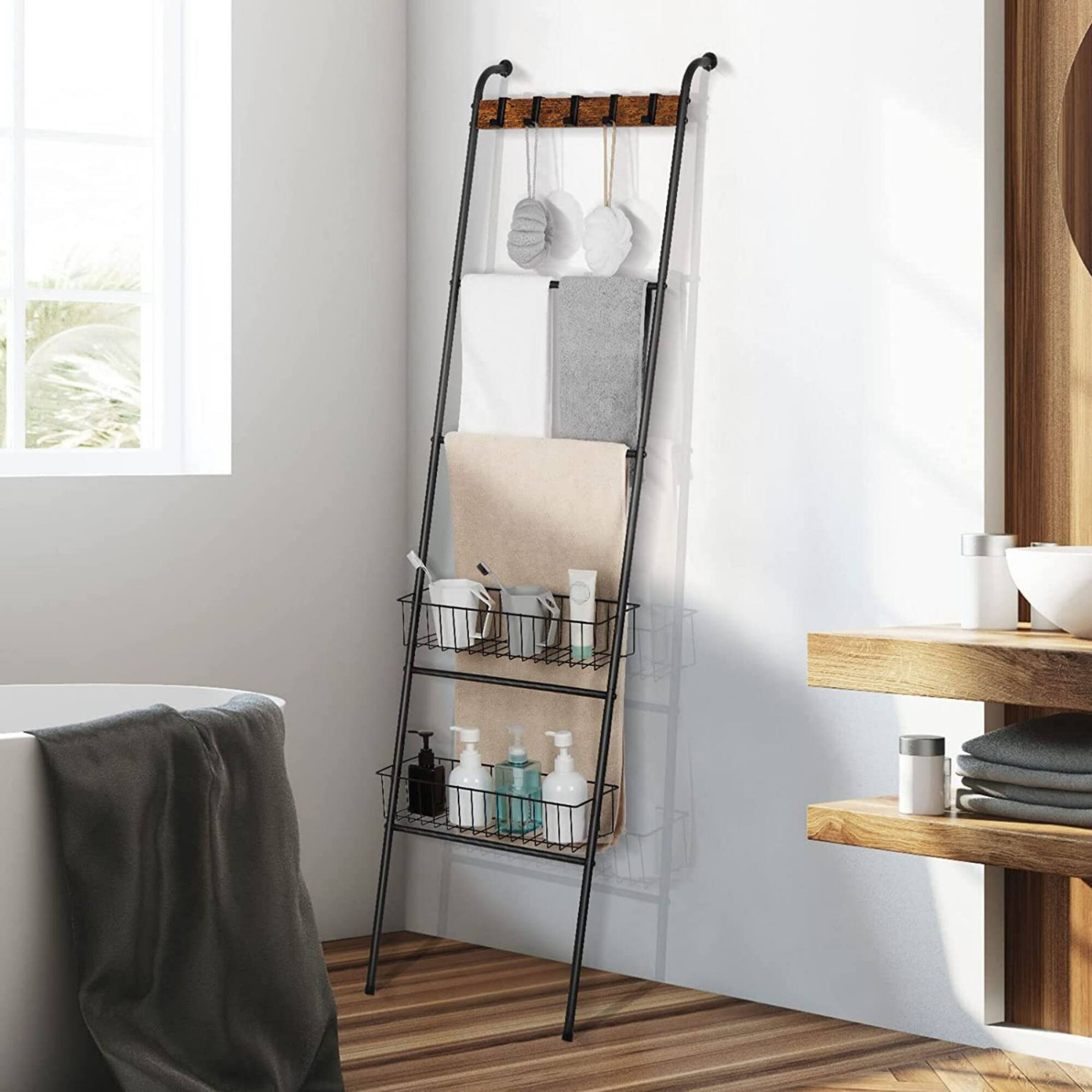 NEX™ 64" Black Blanket Ladder Leaning Towel Holder with 2 Metal Baskets